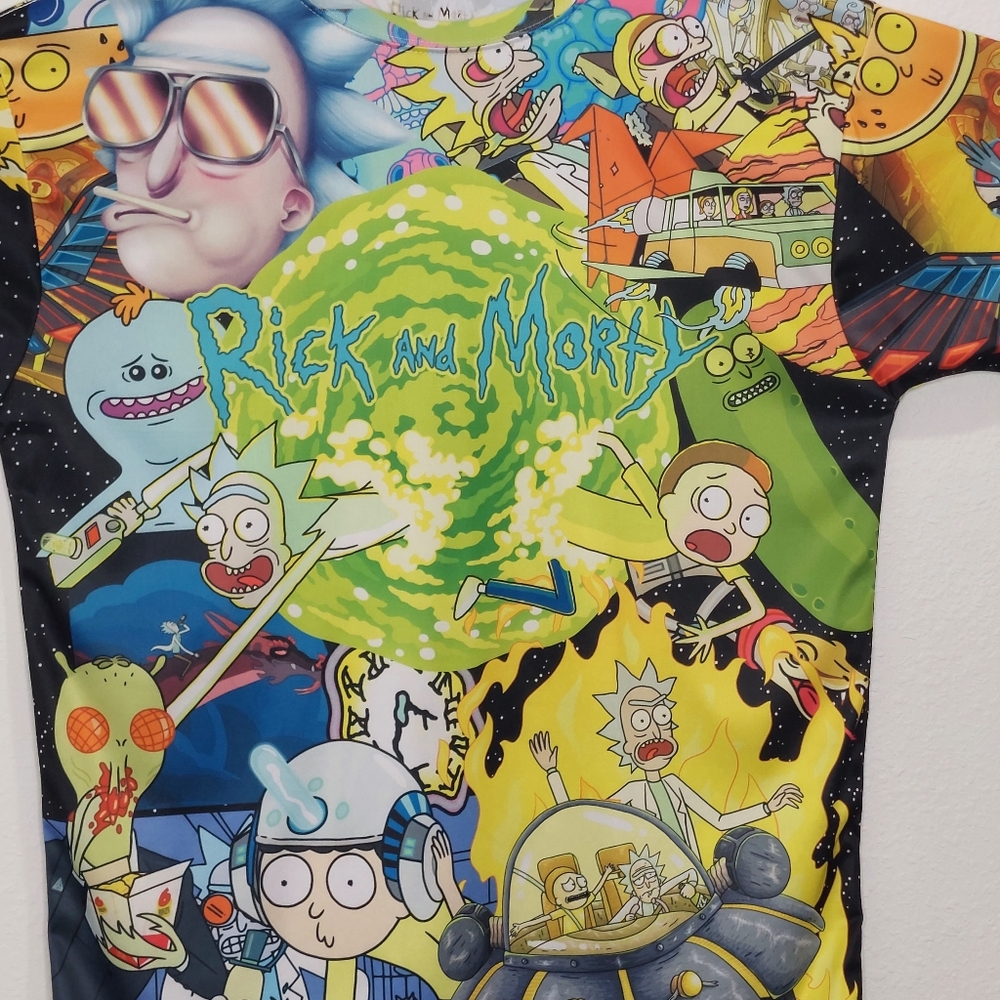 Rick and Morty All-Over Print Graphic Tee - Size Large.